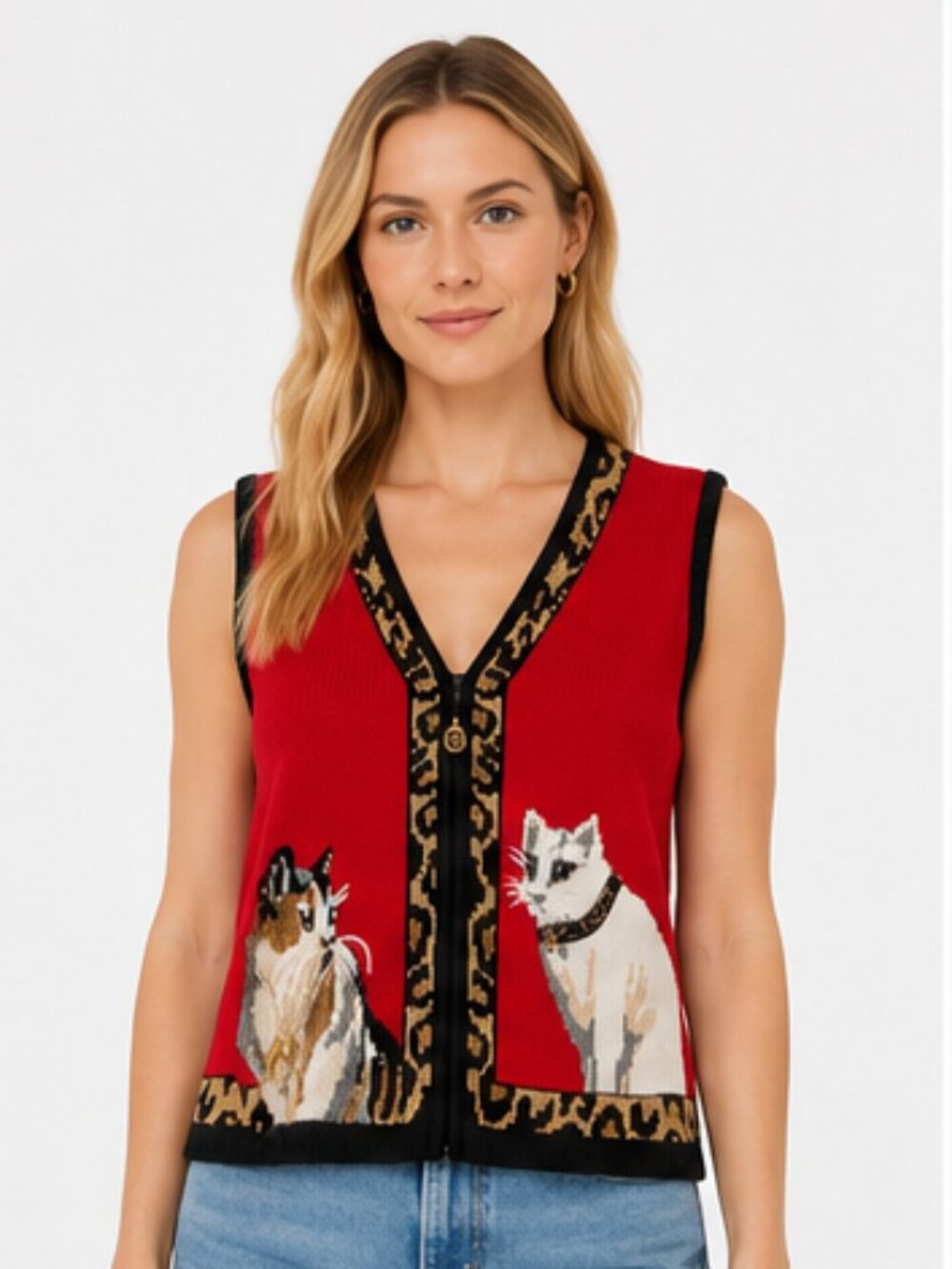 Vintage Susan Bristol Red Cat Vest Size M